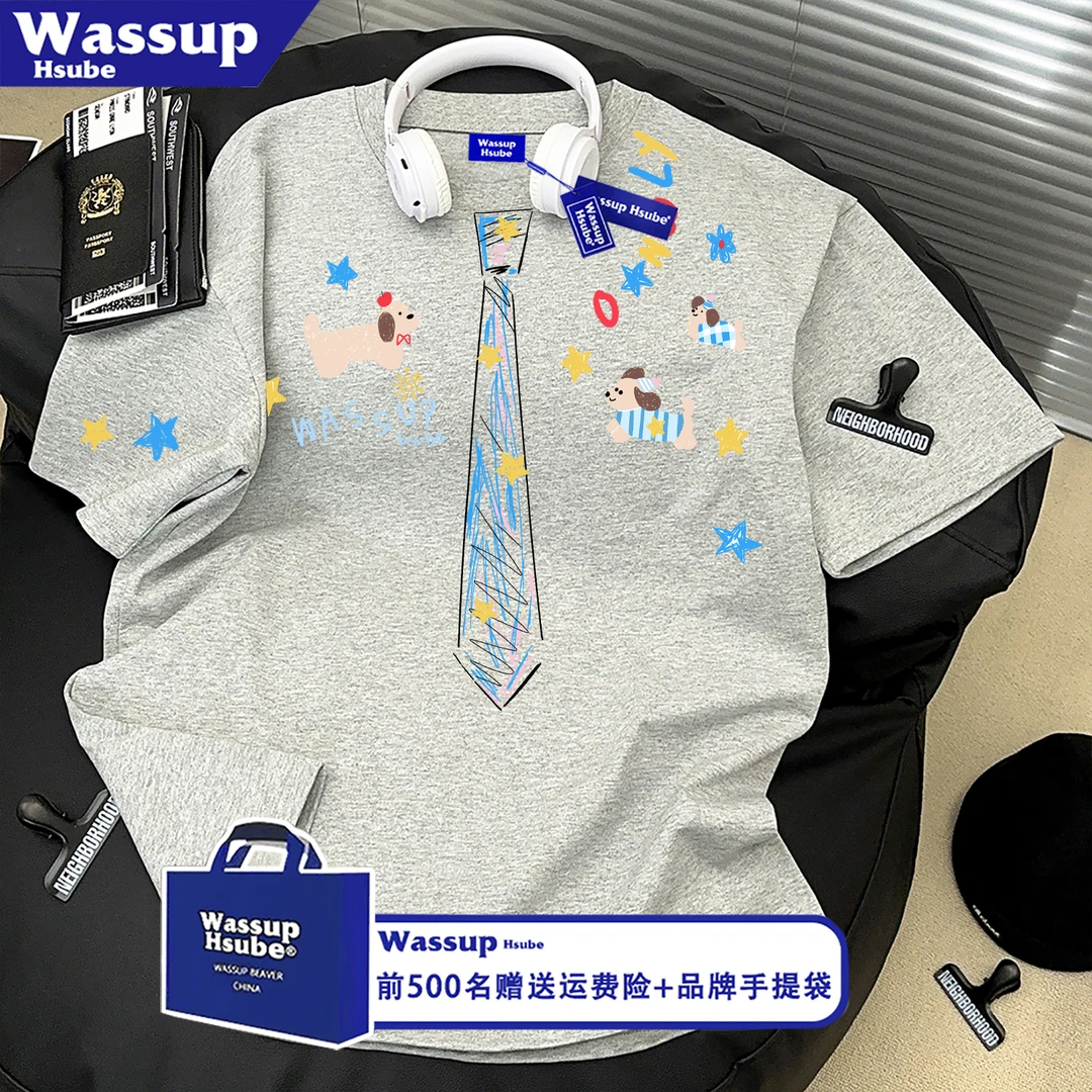 WASSUP HSUBE趣味小狗涂鸦印花短袖男女学院风小众百搭宽松T恤衫