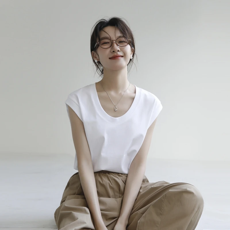 防走光宽肩无袖T恤女背心叠穿大U领露锁骨宽松遮副乳棉质无袖上衣