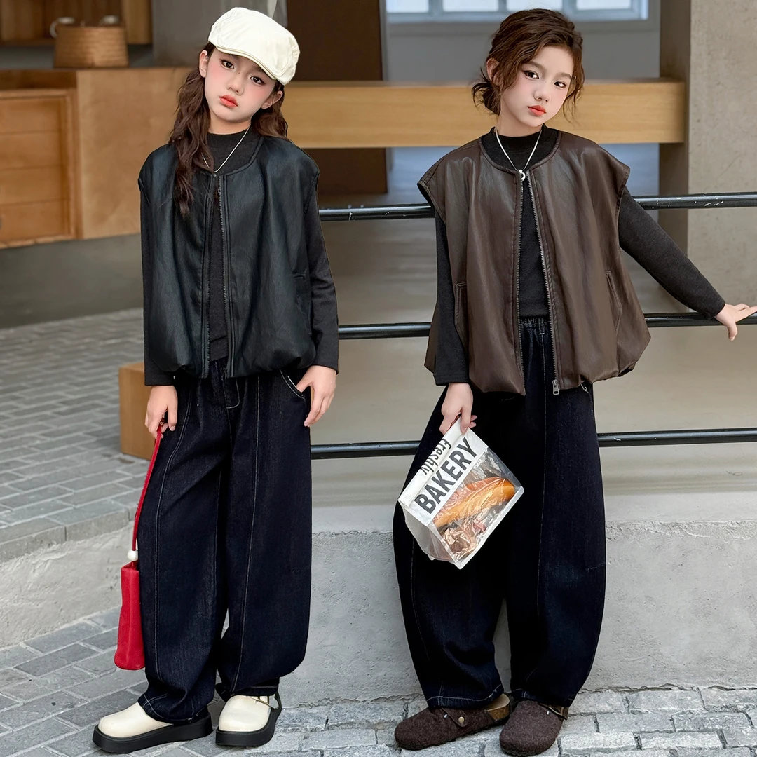 女童秋装网红套装2025新款中大童休闲时尚小女孩春秋皮马甲三件套