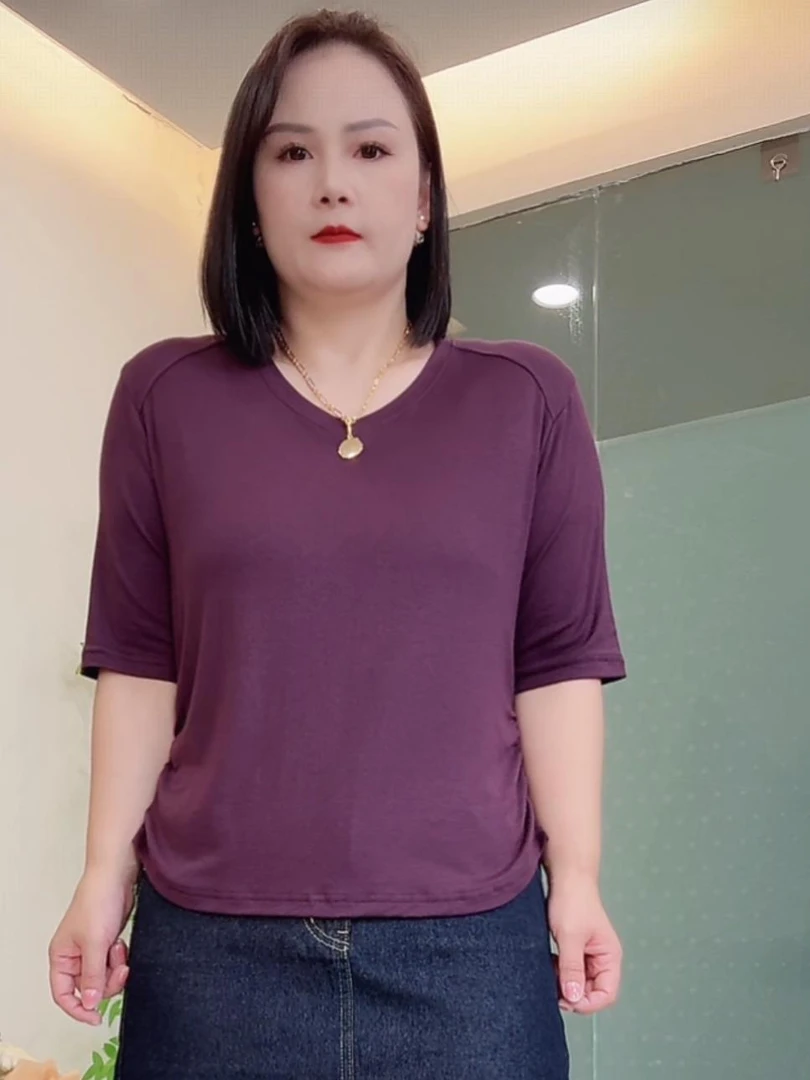 【压肩线V领中袖】2538双侧缩折秋季百搭纯色时尚微胖大码女装T恤2