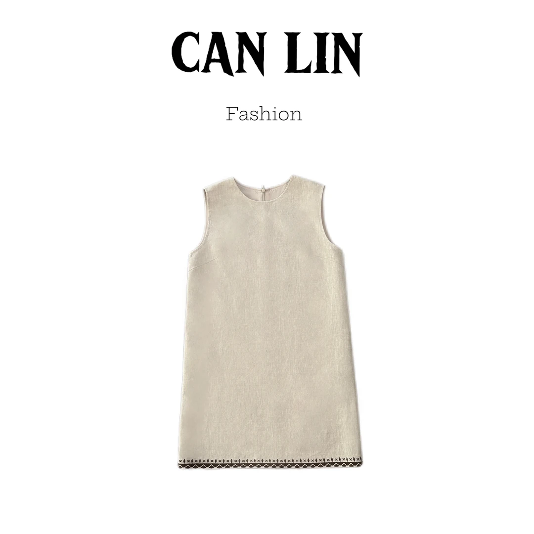 2025年春夏新款圆领无袖亚麻连衣裙宽松慵懒感百搭显瘦气质连衣裙