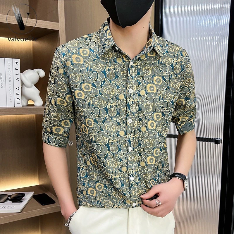 VALVOELITE男士高端时尚百搭蓝色花衬衫新款七分短袖衬衣雅痞帅潮