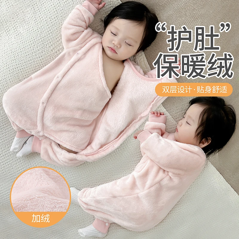 婴儿秋冬款珊瑚绒连体衣服冬天外出女宝宝冬季加厚冬装小月龄睡衣