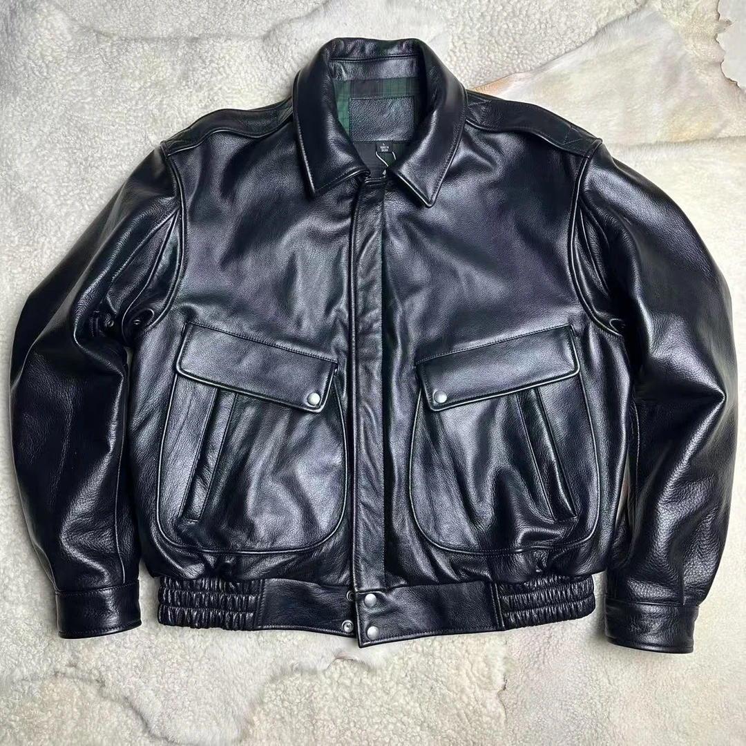 头层牛皮港风阔版翻领纯色四季通用皮衣黑色休闲百搭男款