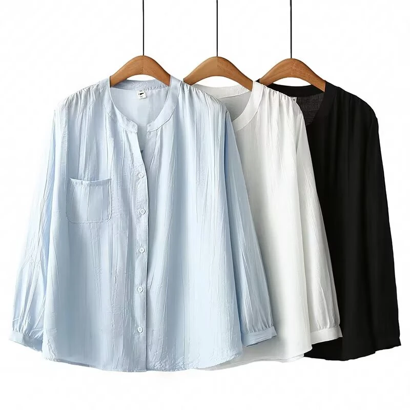 夏款桃花皱冰凉感立领短袖衬衫大码女装韩版时尚宽松显瘦遮肉衬衣