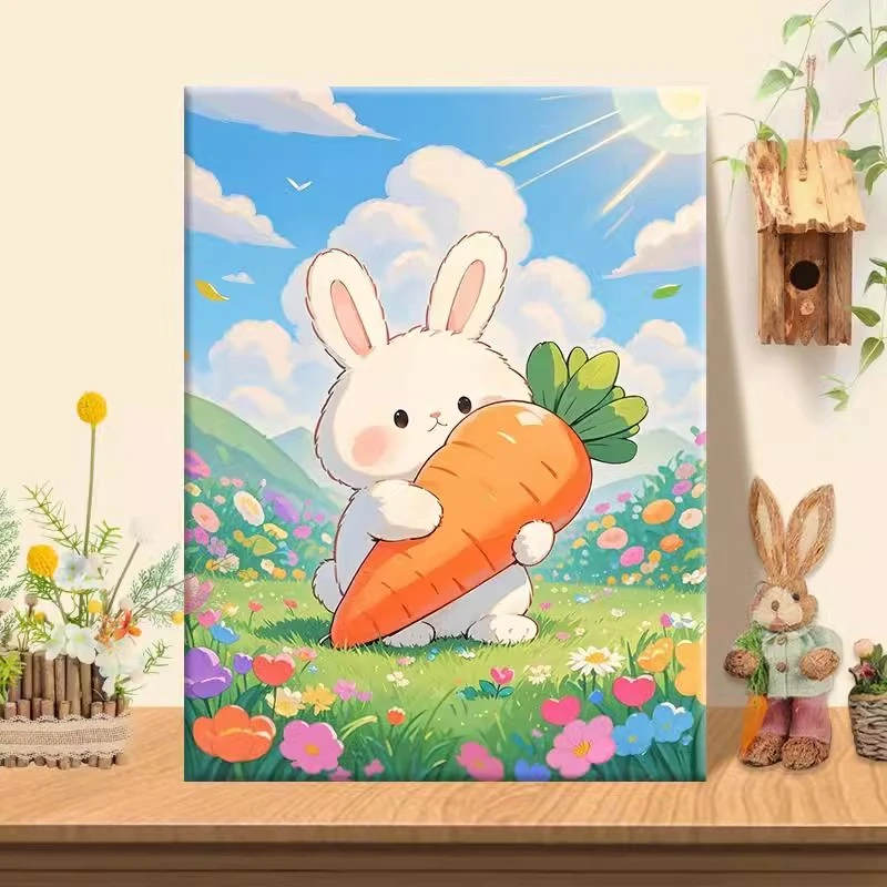 (胡萝卜小兔）diy数字油画红线条手工涂色解压治愈送礼丙烯装饰画