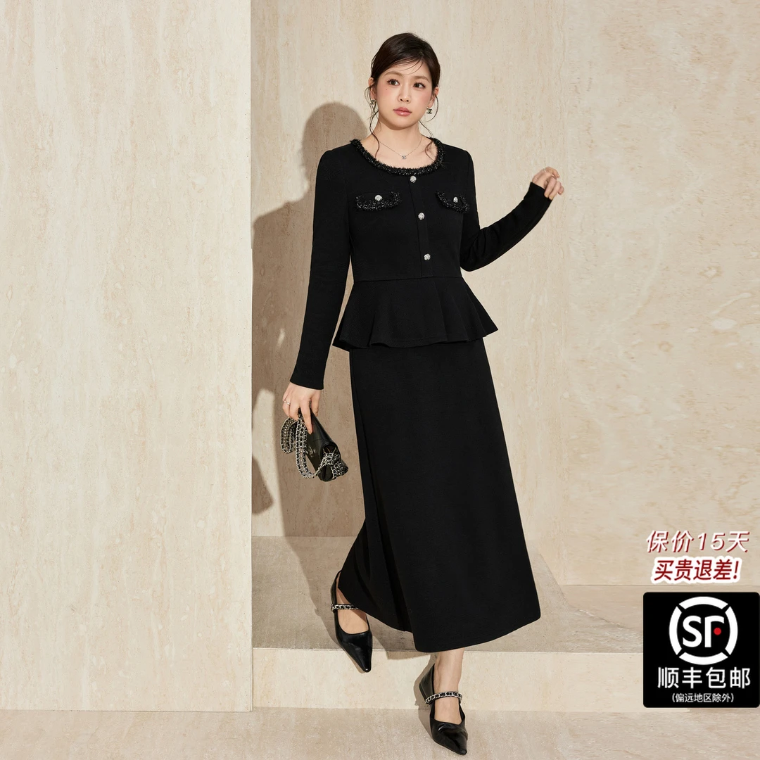 蓝语大码高级感小香风假两件黑色连衣裙2025秋冬新款荷叶边长裙子