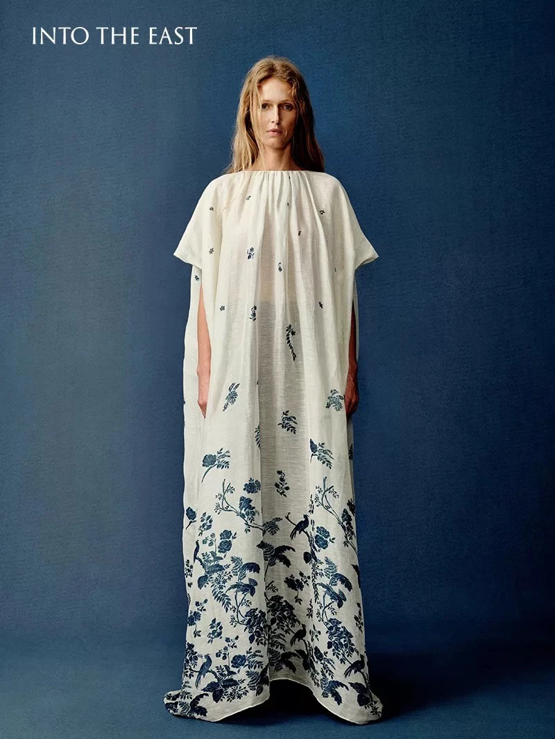 Into The East己印丝麻青花连衣裙