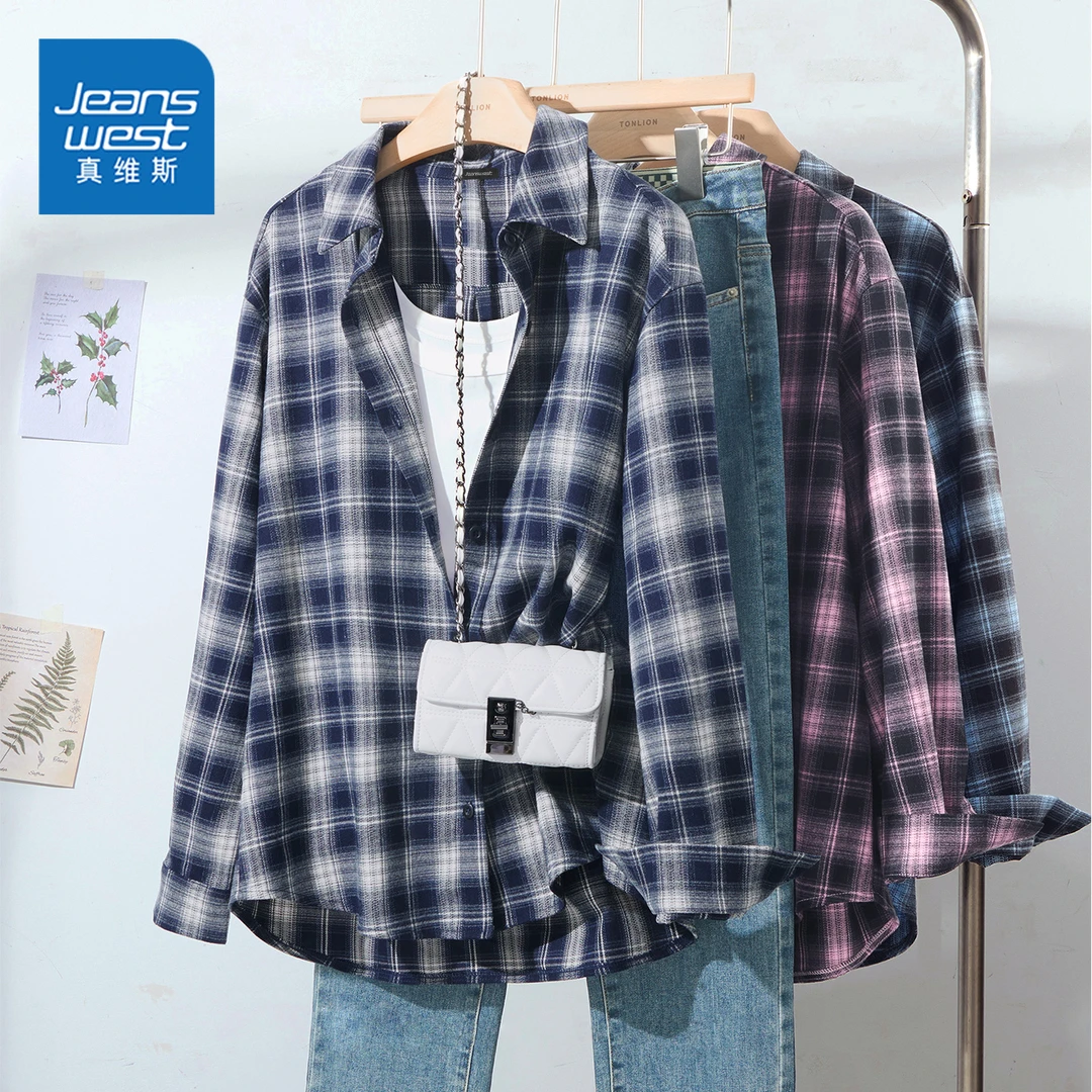 真维斯衬衫女2025新款春秋季时尚洋气格子衬衣女复古休闲翻领外套