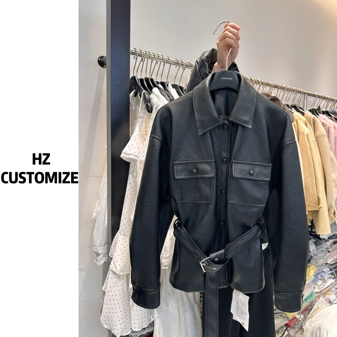 惠子甄选【气质荔枝纹皮衣】时尚女百搭春收腰显瘦外套休闲黑色