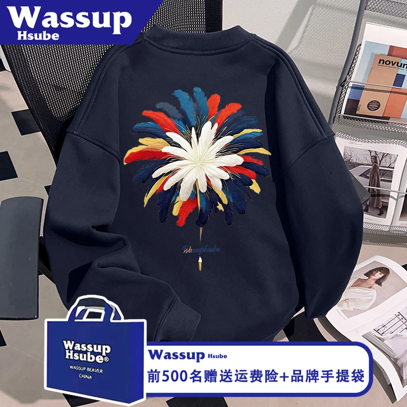 WASSUP HSUBE彩色烟花印花卫衣秋冬小众男女款藏青色百搭美式上衣