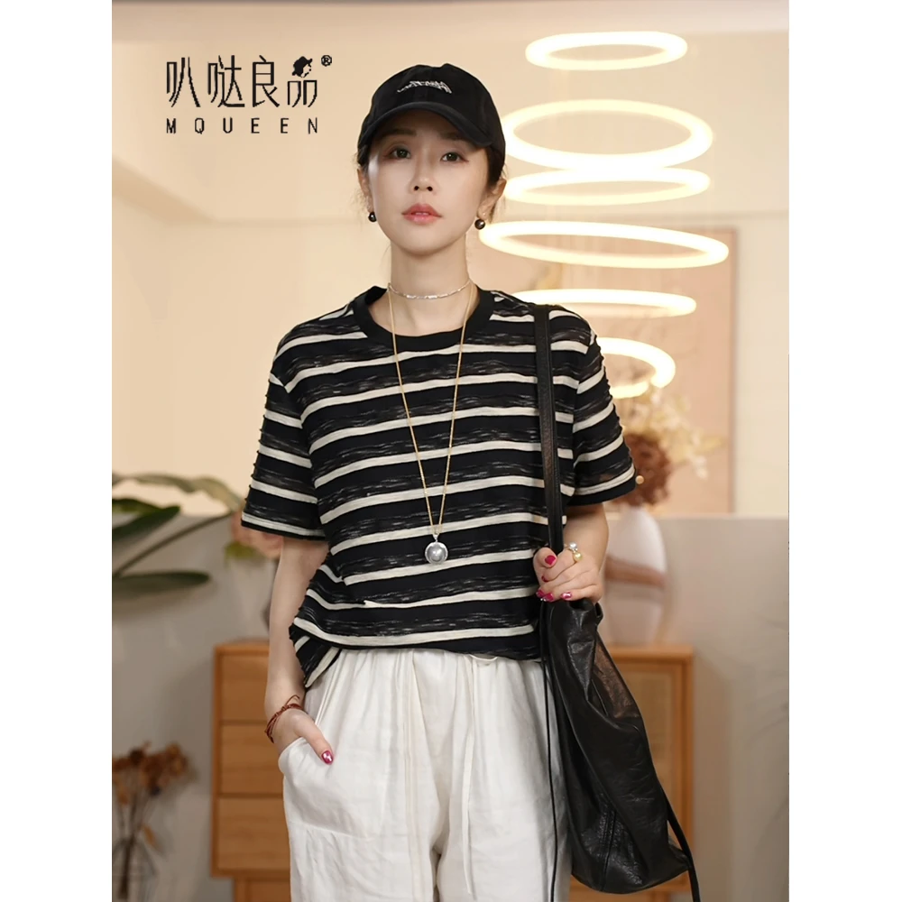 【叭哒不惑】西海岸 圆领条纹短袖T恤针织宽松显瘦时尚百搭上衣