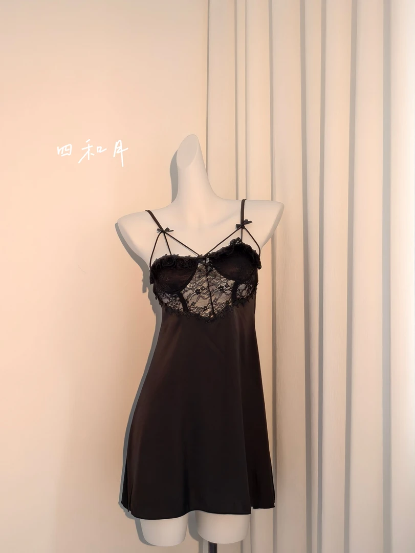 【薄暮私语】黑色春夏法式轻奢蕾丝薄款纯欲女士睡裙