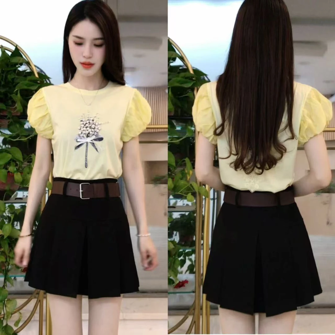 泡泡袖印花常规拼接小个子宽松韩版上衣设计感时尚气质短袖