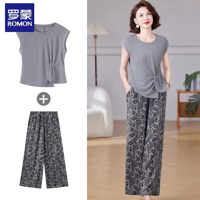 罗蒙中年妈妈夏装套装高级感短袖t恤中老年女夏季时髦穿搭一整套