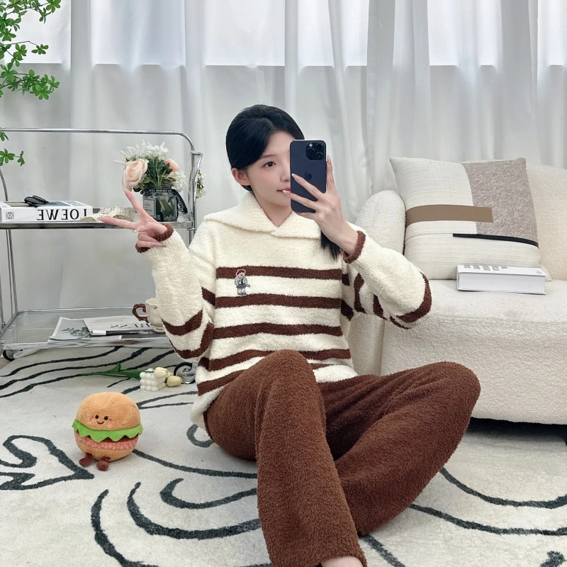 女士睡衣秋冬季边绒简约加厚卡通少女高级感冬天家居服套装外穿