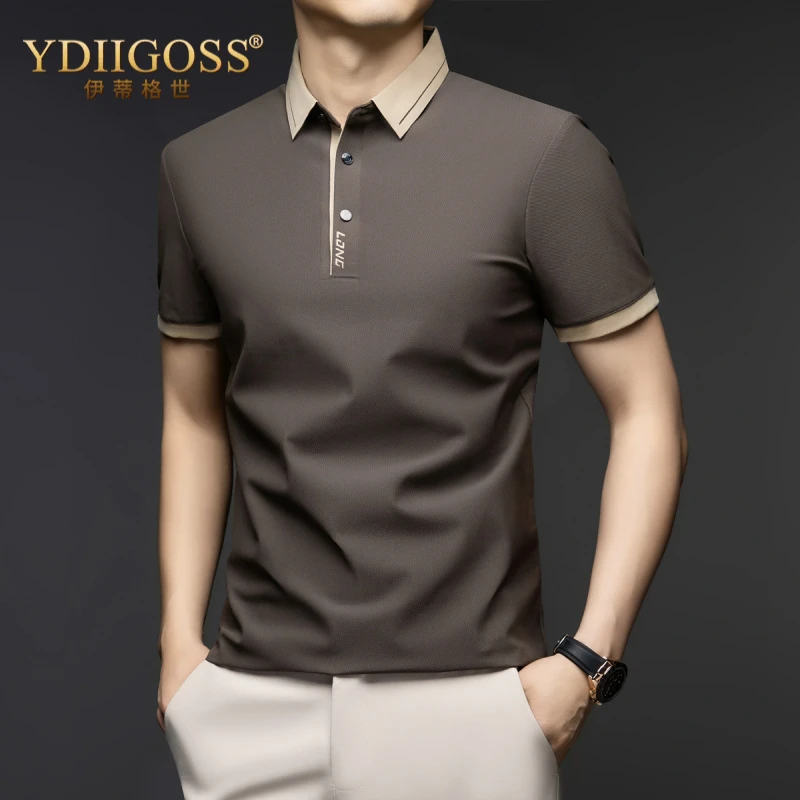 YDIIGOSS冰丝薄款翻领短袖t恤男士夏季新款商务撞色中年polo衫