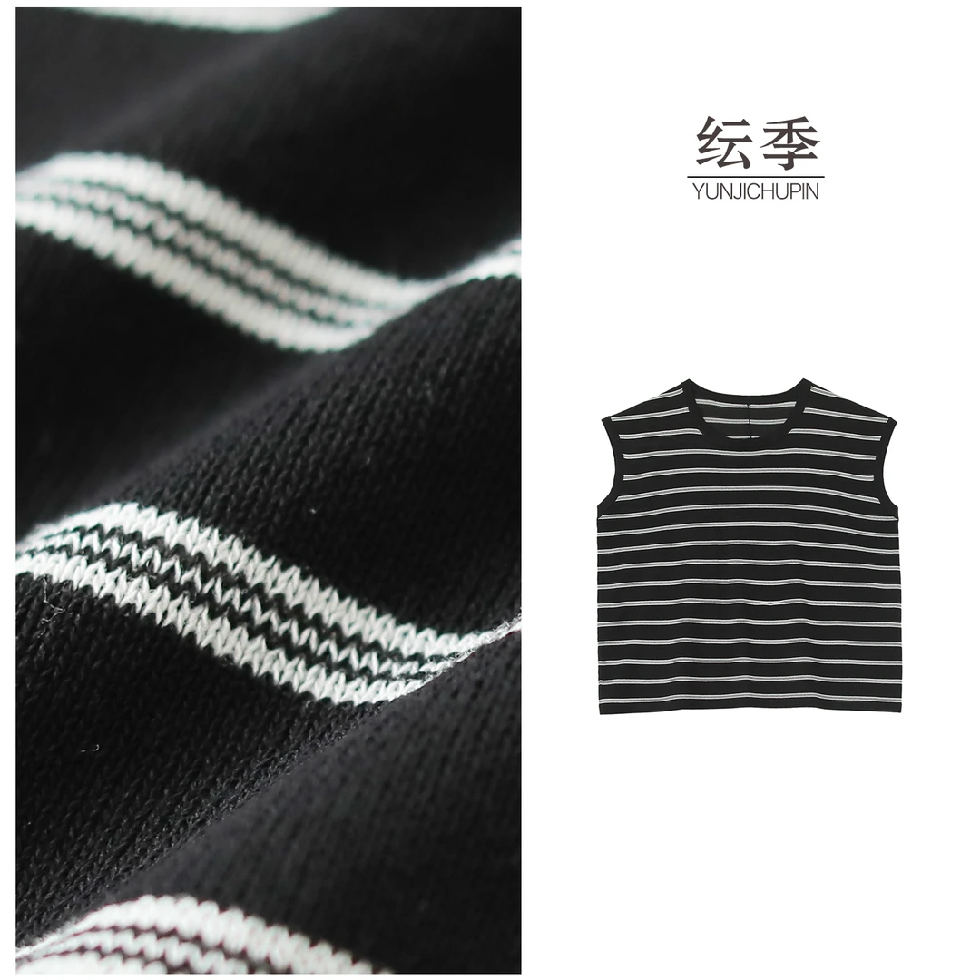 【纭季原创】衣长56 夏季休闲条纹宽松无袖设计T恤上衣女A2502