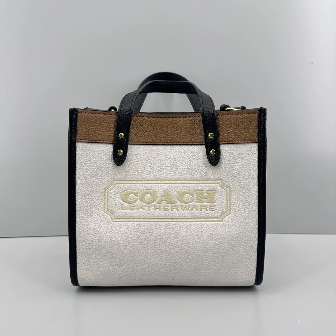 90新 COACH/蔻驰 field白拼黑棕小方托22*20*10M030409