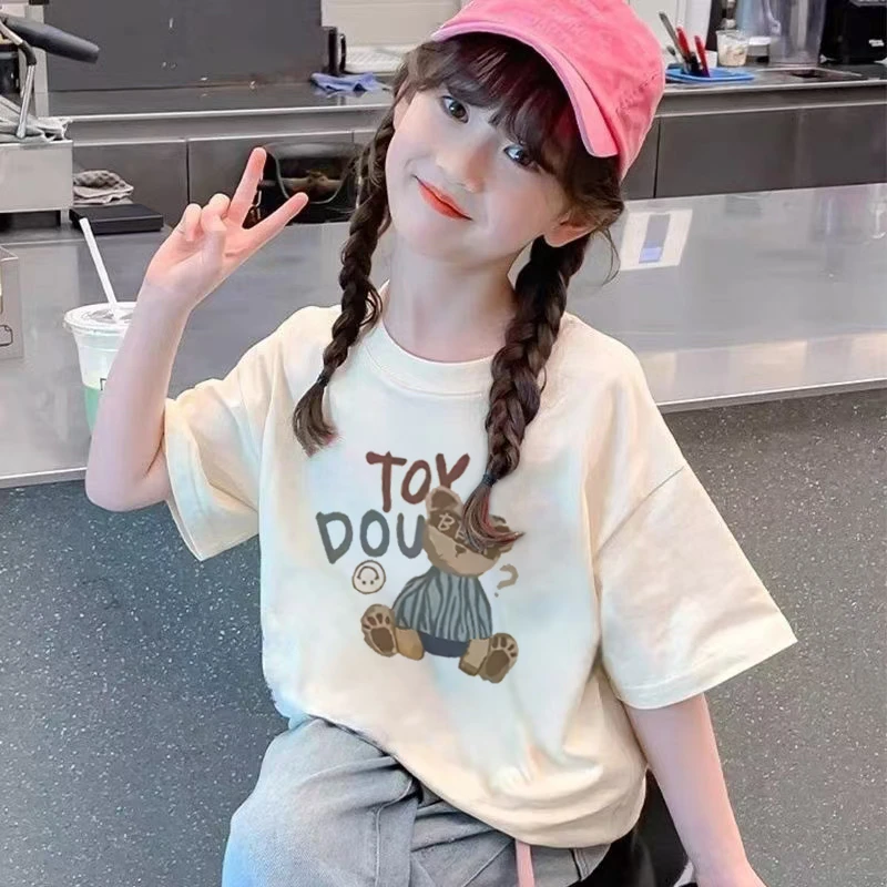 纯棉女童短袖t恤儿童2025夏季新款洋气女孩潮款打底衫中大童上衣