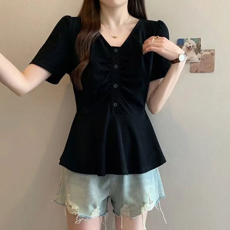 时尚V领拼接荷叶边短袖T恤女2025夏季新款大码胖mm气质百搭显瘦
