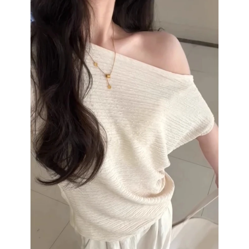 法式肌理感褶皱一字领露肩白色短袖t恤女夏季超好看独特漂亮上衣