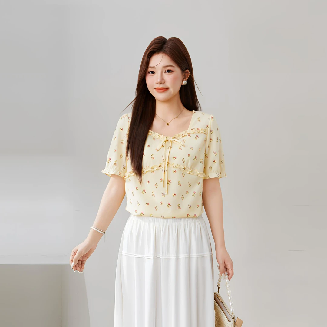 采多宝大码女装泡泡袖度假风碎花修身凉感黄色（单件）小衫 EXA5521