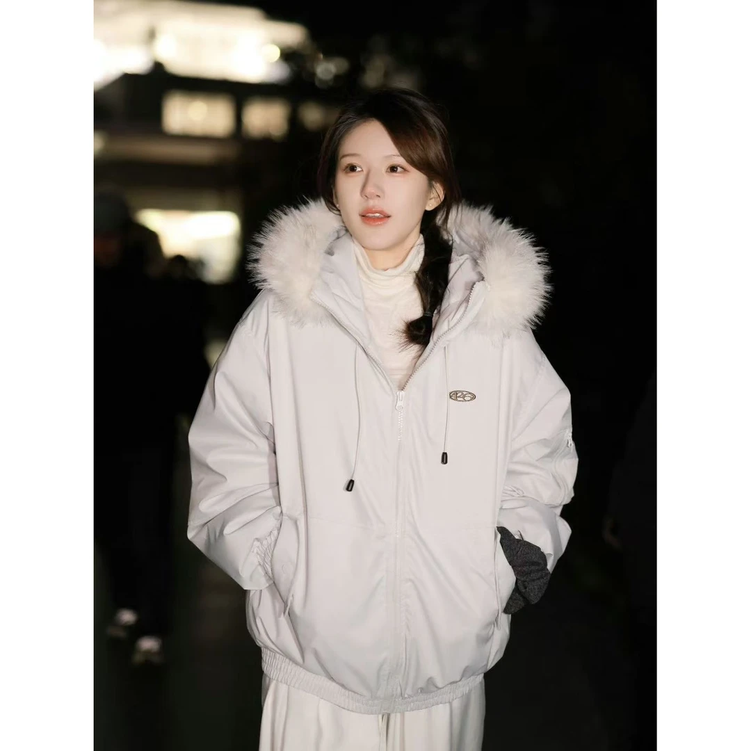 加绒保暖棉服白色大衣羽绒爆款大毛领派克修身服女新款加厚短绒袄