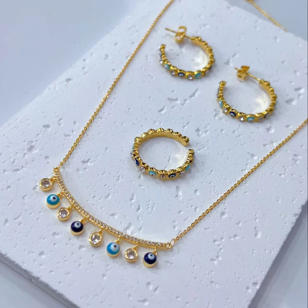 蓝眼睛钛钢项链 时尚三件套项链耳饰041轻奢彩色坠链素款百搭精致