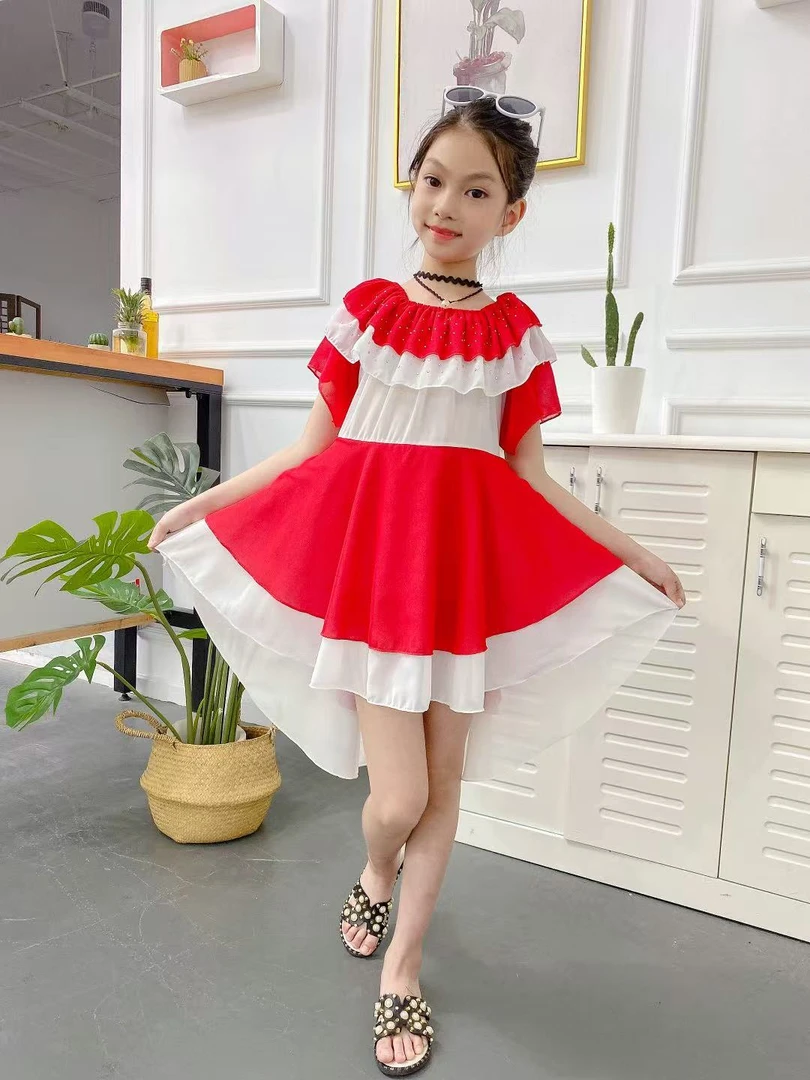 女A字裙拼色不规则裙夏季连衣裙裙子礼服女童纱裙洋气