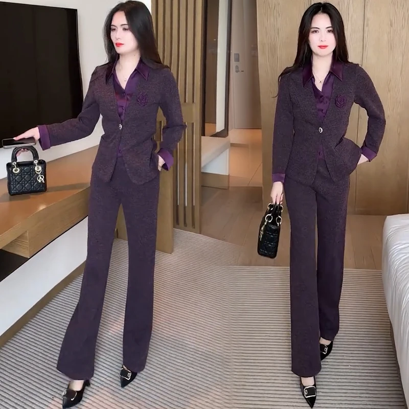 时尚套装女2025秋季新款洋气显瘦拼接假两件西装上衣阔腿裤两件套