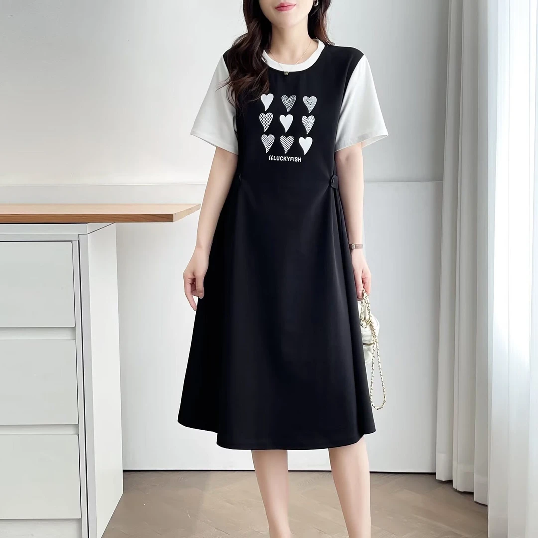 大码胖mm设计感收腰显瘦印花撞色连衣裙女夏季休闲减龄A字裙2517