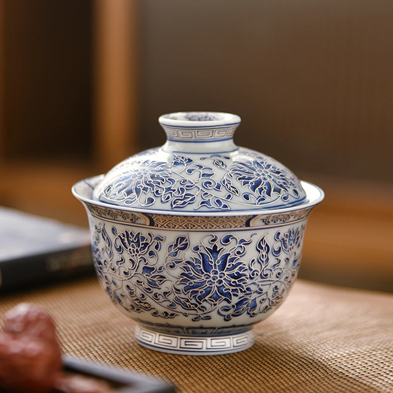 盖碗鎏银青花缠枝莲悬停三才盖碗茶杯单个鎏银茶碗带盖功夫茶具