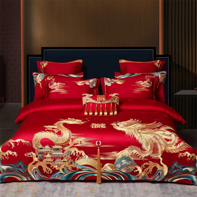 2025年新款婚房婚礼新中式高端全棉贡缎提花红色四件套床品结婚