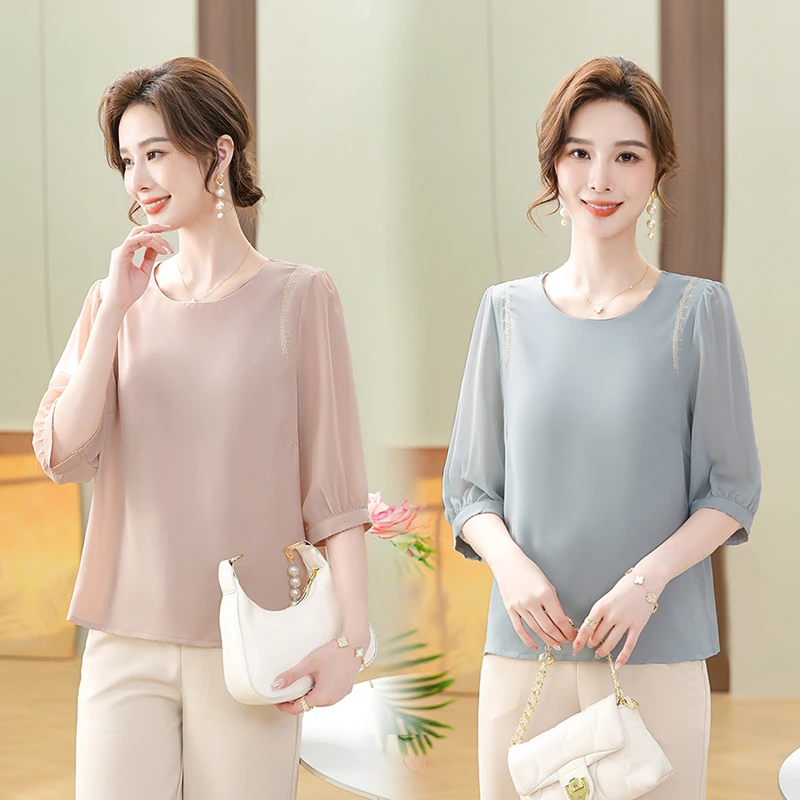 妈妈夏装新款雪纺中袖T恤小衫中老年人女装纯色衬衫太太洋气上衣