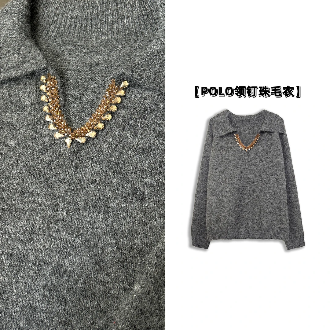 微胖女装【简爱】毛衣女秋冬高级感POLO领带钻套头上衣显瘦7036