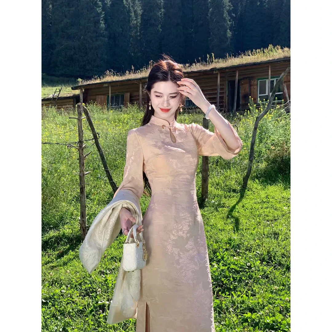 凌茜恣禾【甜月香】国风新中式提花镂空旗袍领连衣裙复古改良旗袍裙