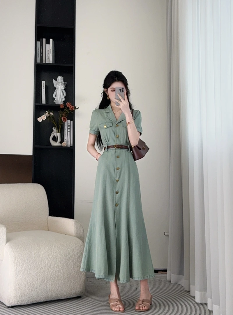 小八定制25夏法式复古气质显瘦设计师薄牛仔连衣裙 00026 LSC