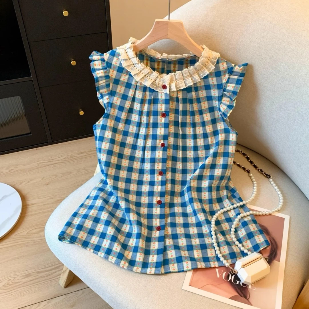 韩系甜美碎花蕾丝拼接短袖背心衬衫女夏季法式小飞袖格子坎肩上衣