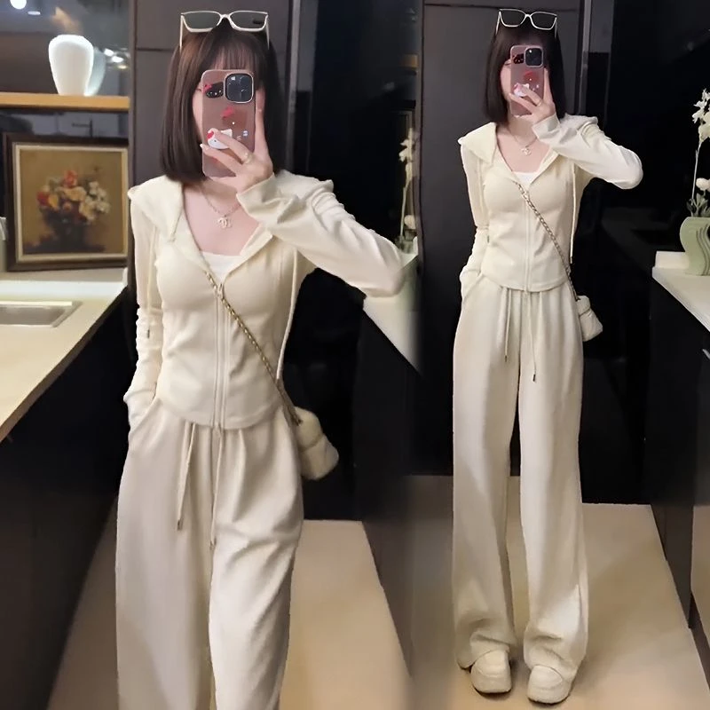 休闲运动风套装2025早秋新款修身连帽拉链开衫阔腿裤春秋款两件套