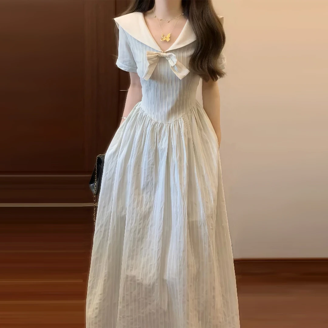 海军领白色蝴蝶结连衣裙夏季2025新款法式气质高级感收腰长裙5838