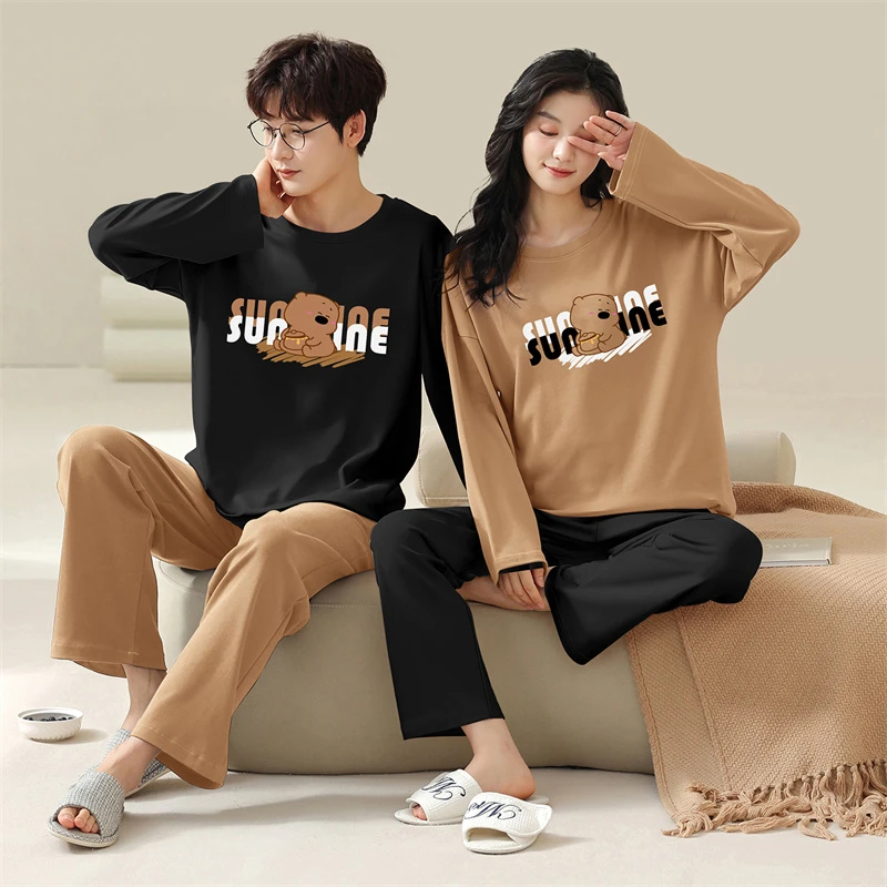 25025新款长袖春秋季情侣睡衣100%纯棉卡通甜美男女士家居服套装