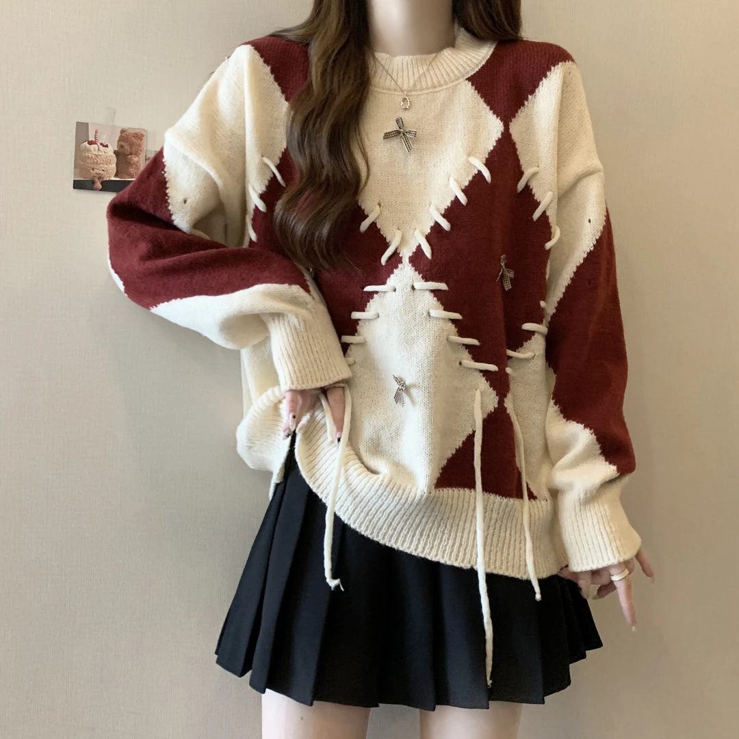 VOCKOO款大码复古宽松撞色冬大码女装秋冬拼色毛衣