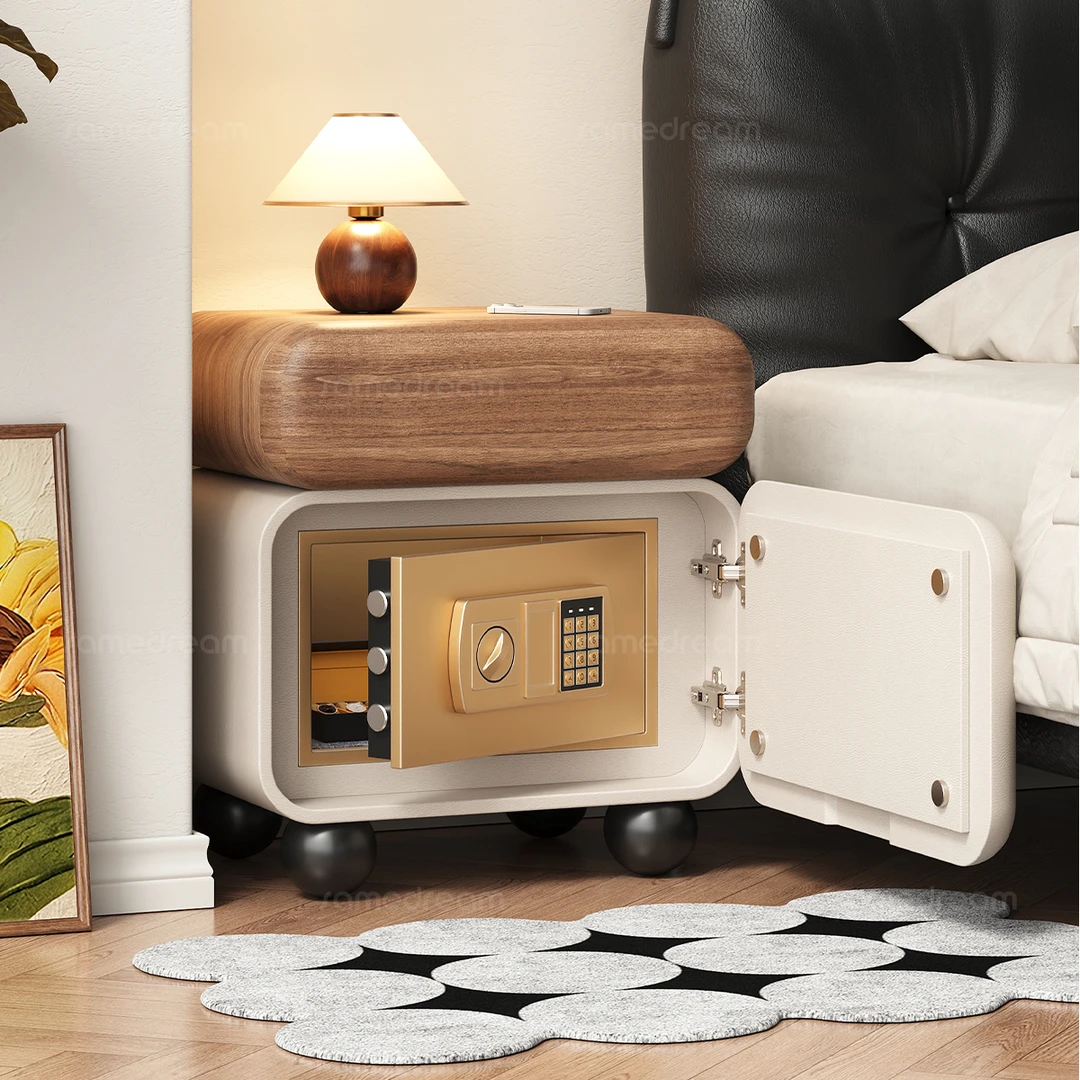 智能床头柜保险箱一体带锁实木家用卧室中古奶油风小型置物床边柜