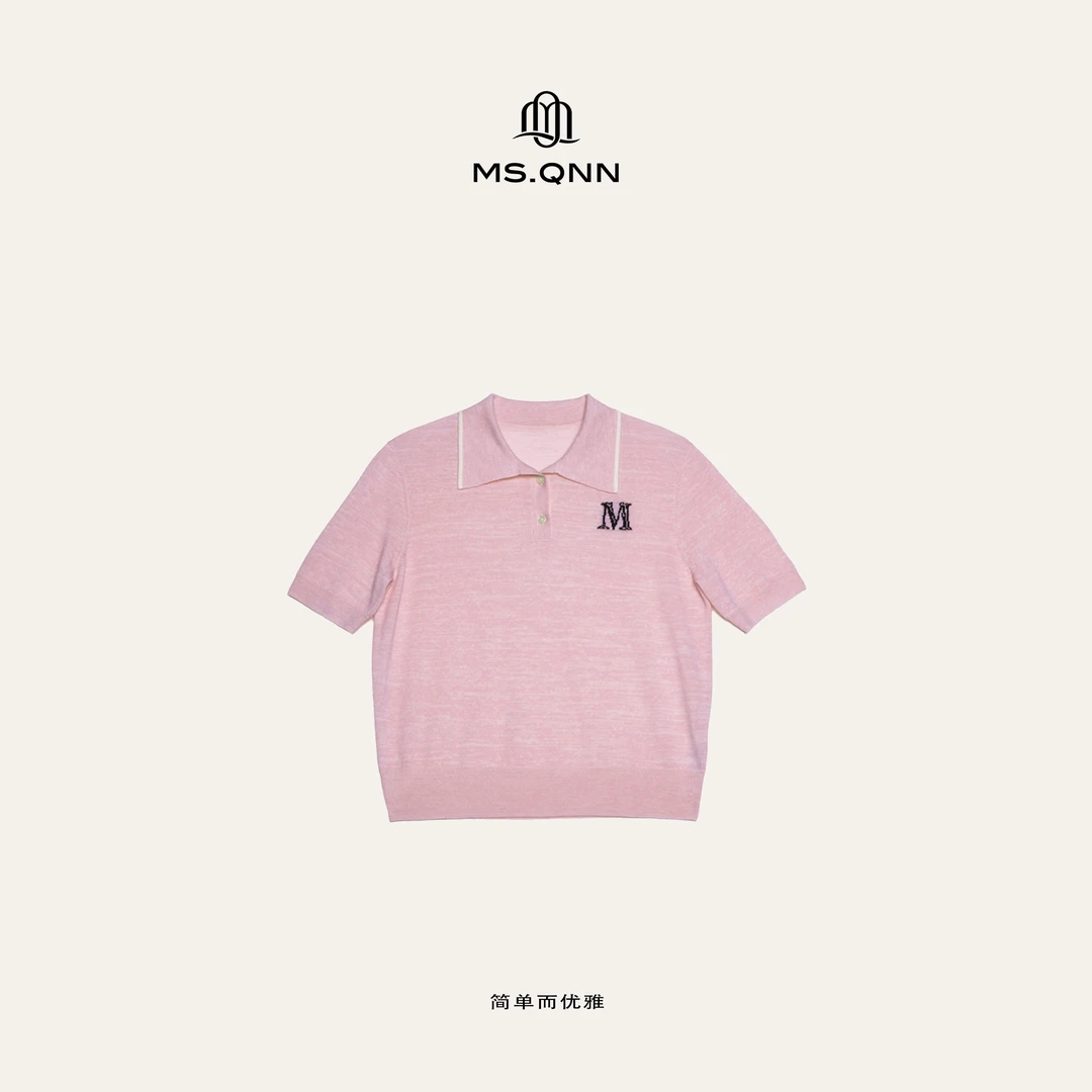 Ms.Qnn“樱花奶油”混色短袖条纹POLO百搭针织衫 36T005