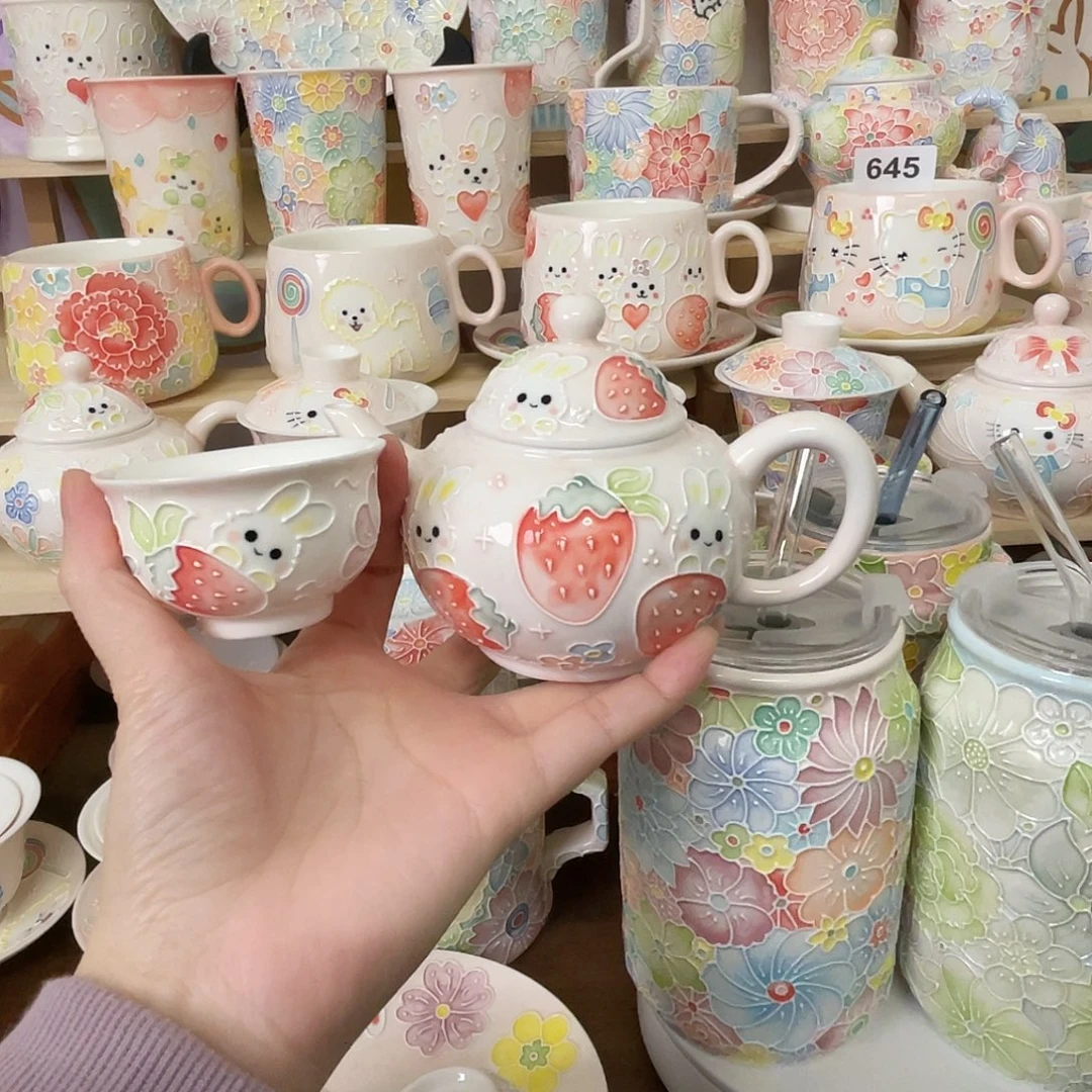 瓷片玉泥茶壶茶碗兔子