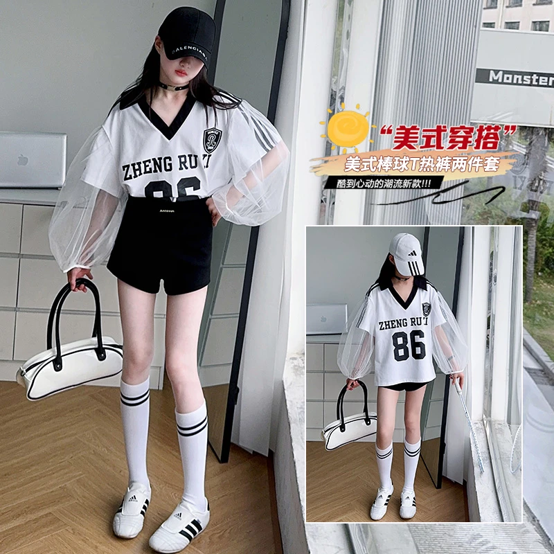 [麦哆哆」女童中大童夏季韩版时髦洋气美式长T百搭修身短裤套装
