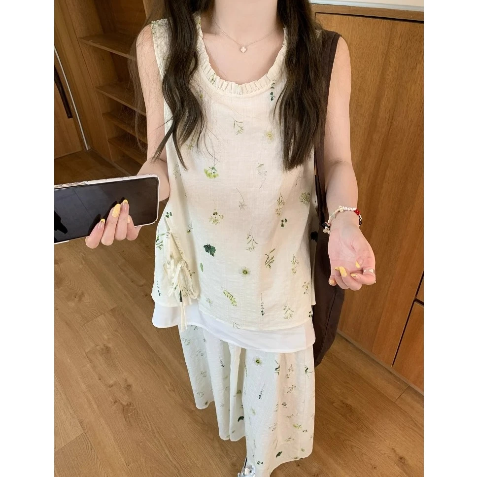 1137甜美风时尚套装女夏季新款宽松圆领背心上衣显瘦半身裙两件套