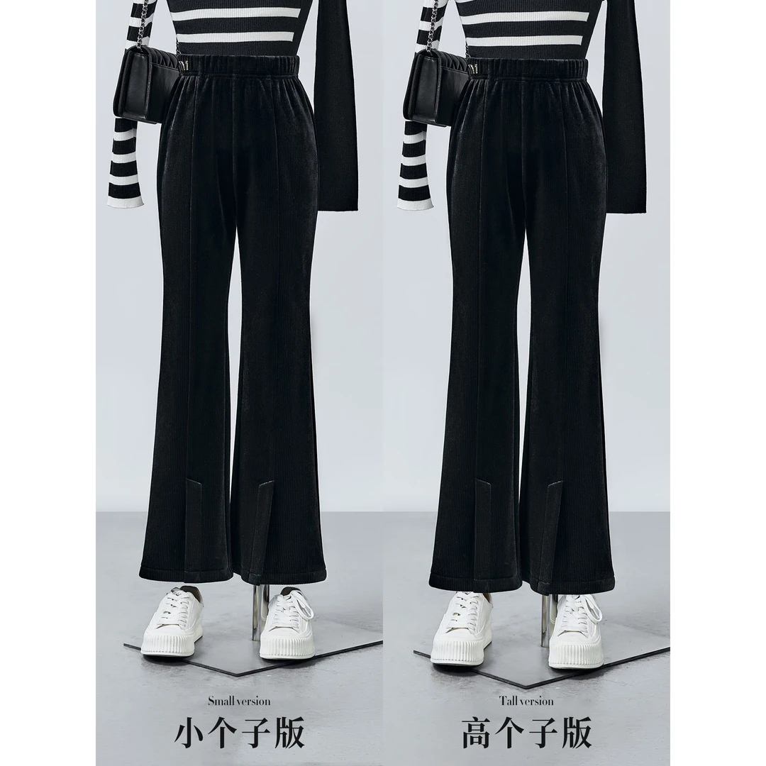 【小柒】4334/4501黑色小个子版/加长版微喇开叉丝绒休闲裤百搭裤子