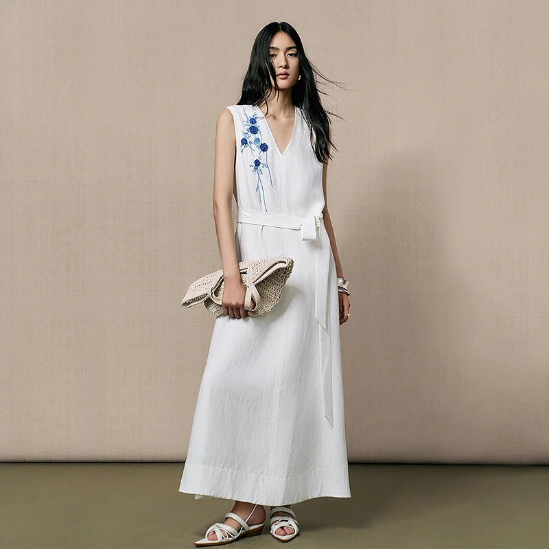 【手工钩花】生活在左亚麻混纺连衣裙优雅绣花2025夏季长裙F1952496